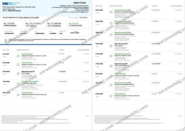 India PayTM Payments Bank account statement Word and PDF template, 3 pages, 1-2 pages